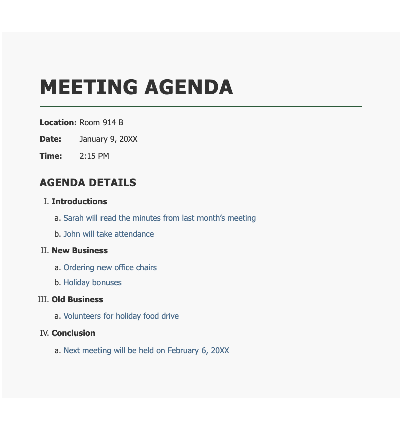 Classic meeting agenda - Clean, professional agenda layout with sections for date, time, location, and discussion items. Ideal for business and team meetings.
